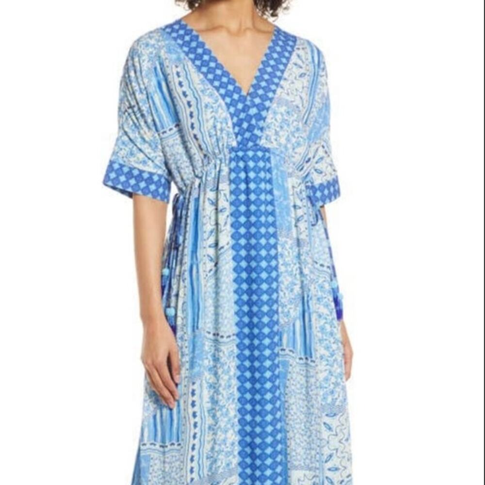 BTFL-life Short‎ Sleeve V Neckline Side Slits Maxi Dress Blue Size Large